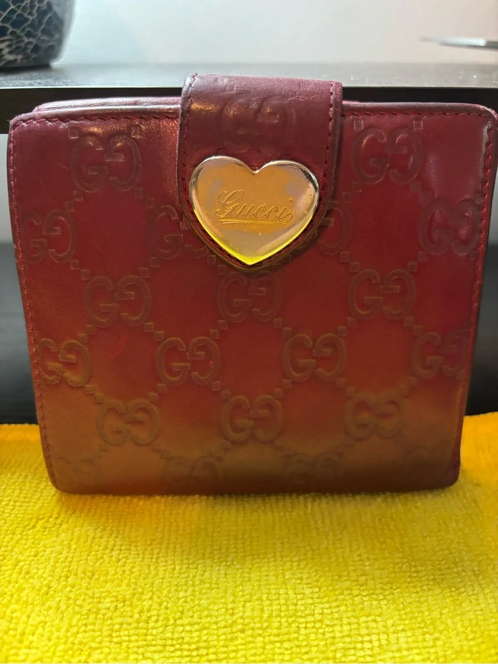 AUTHENTIC Gucci Metallic Guccissima Heart French Flap Wallet - Burgundy Red